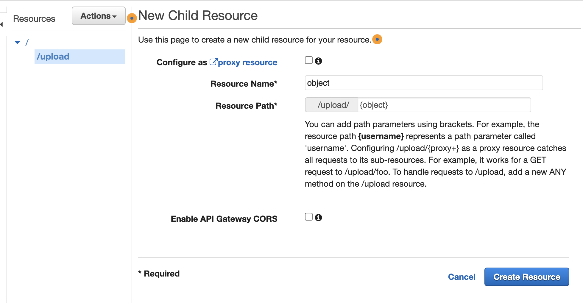 API Gateway new resource object