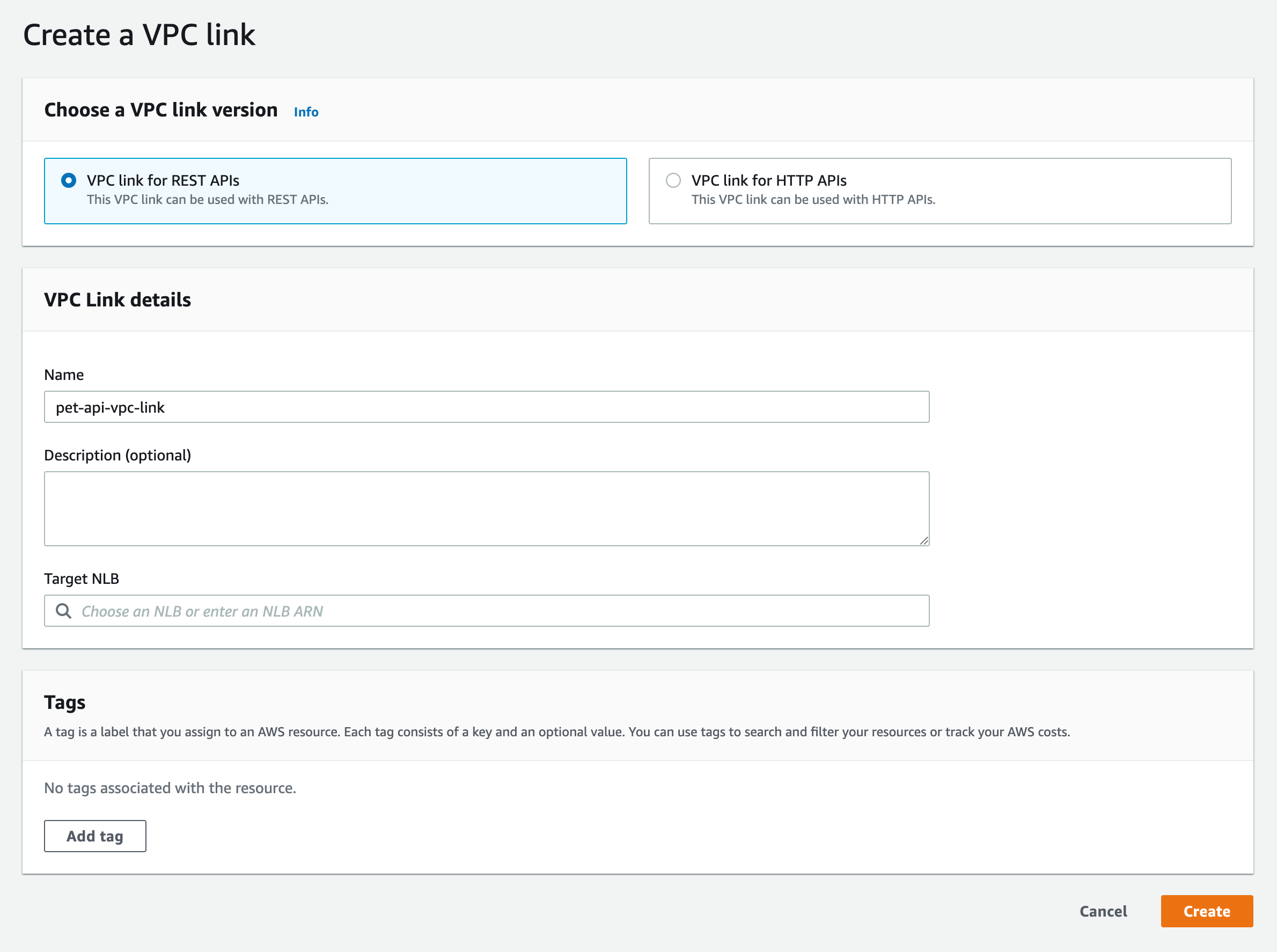 API Gateway Create VPC Link