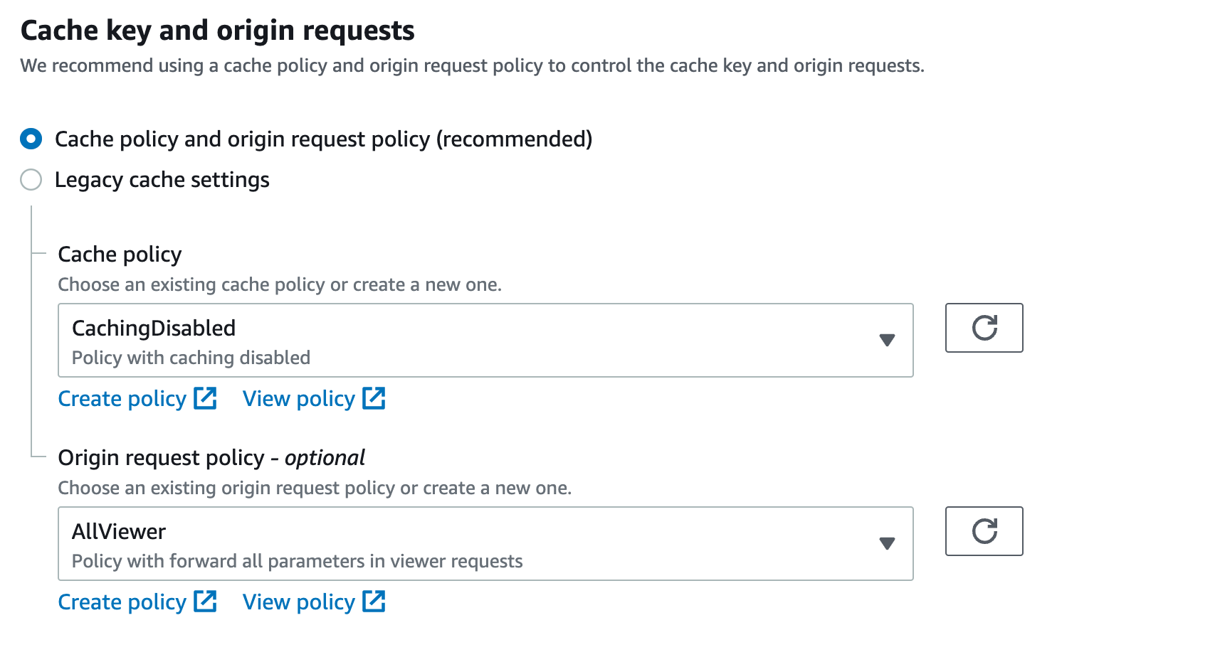 CloudFront distribution policy settings